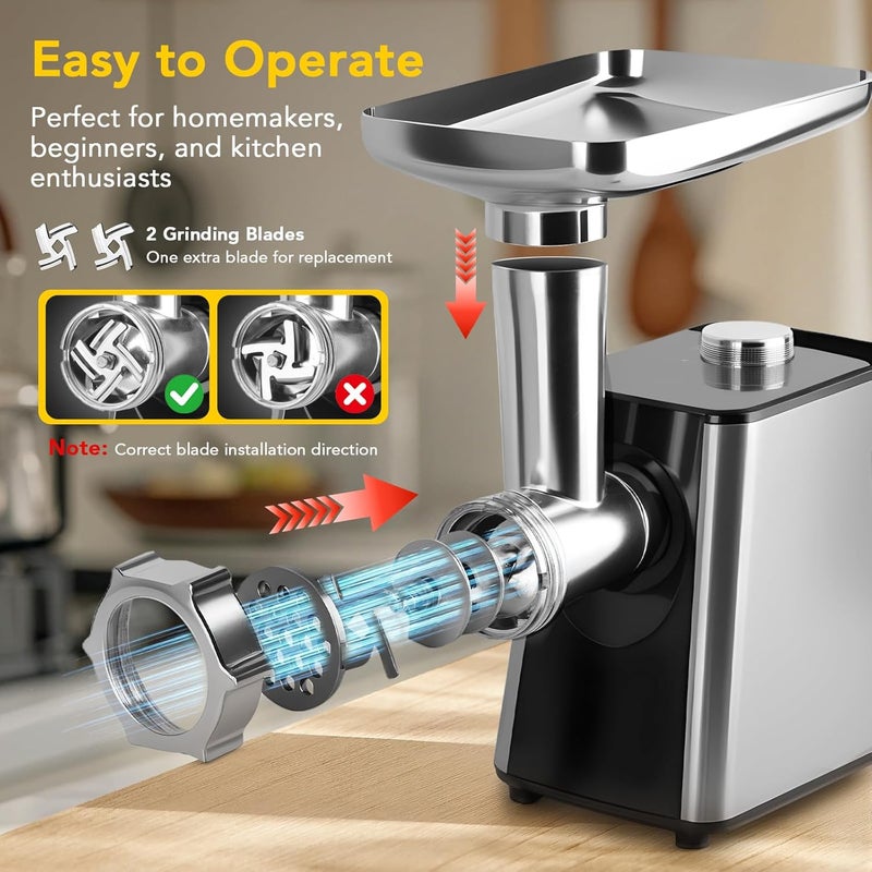 YaoFaFa Meat Grinder - Electric Meat Grinders with Stainless Steel, Easy Operation for Grinding Meat, Making Sausages and Meatballs, 350W Powerful Motor Ideal for Home Kitchen and Restaurant Use - Image 2